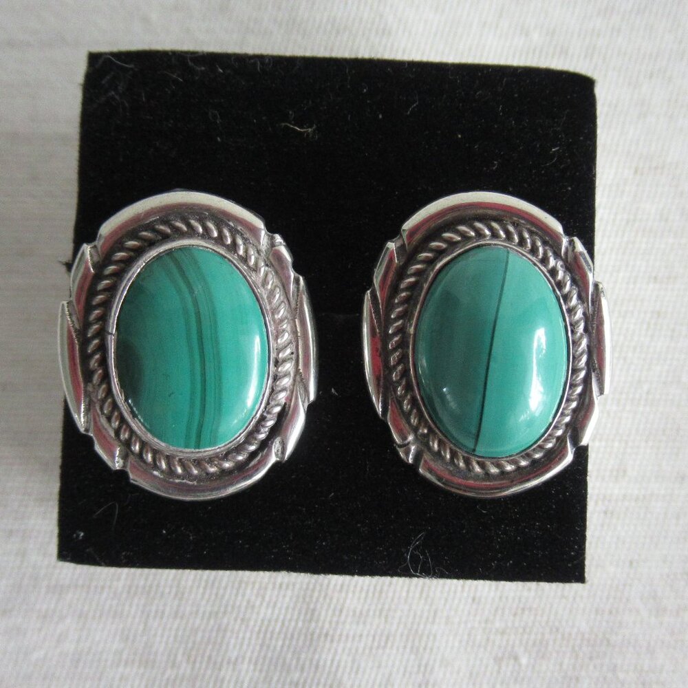 Native American Sterling and Malachite Stud Earrings 0.75" x 0.80
